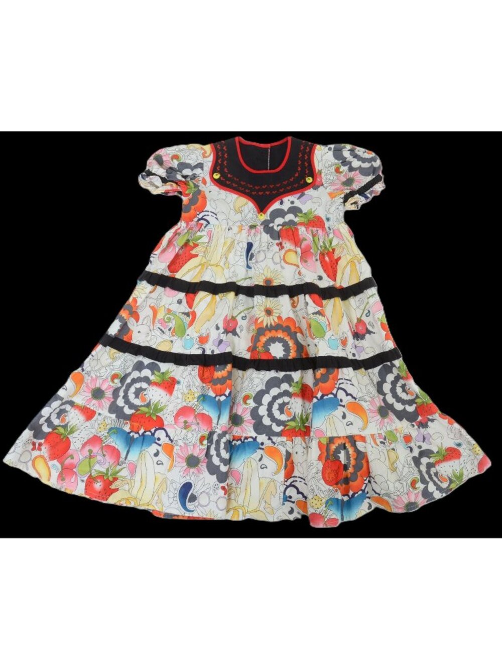 Handmade Girls Dress Size 5/6 Colorful Fruit Floral Print Puff Sleeve Vintage